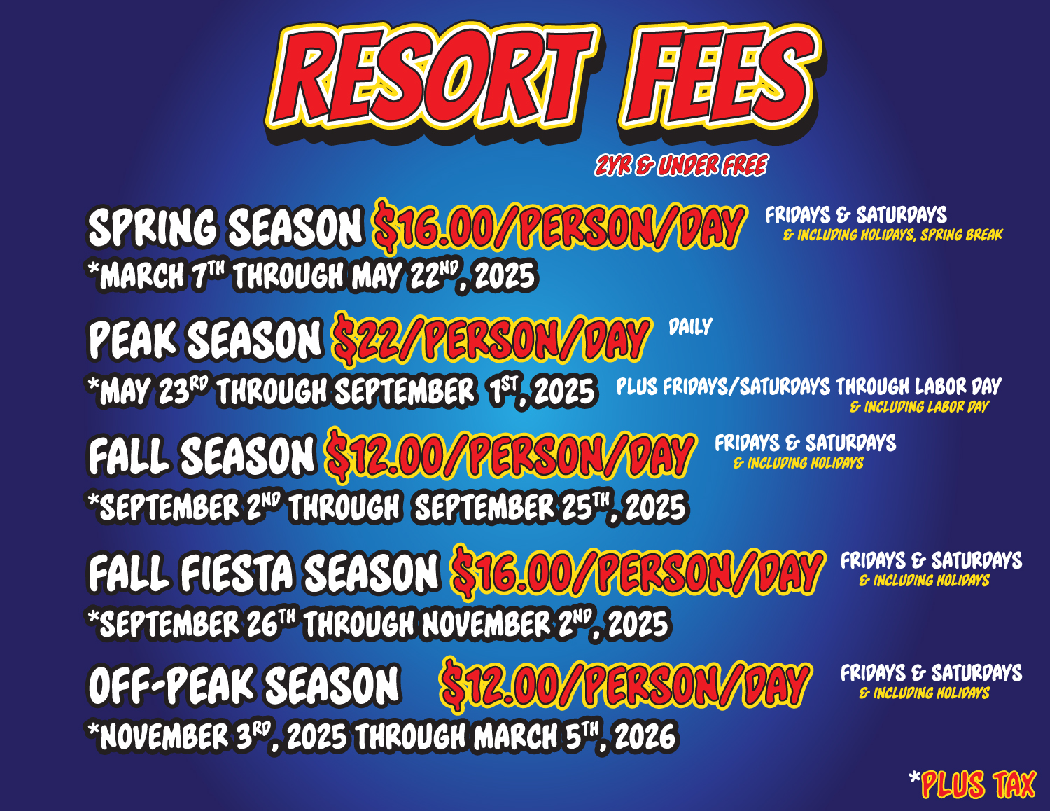 Resort Fees for 2025-2026 

